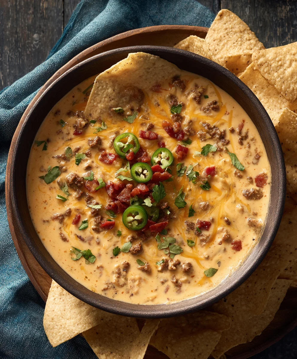 Spicy Cowboy Queso-Best Beef Dip Recipe