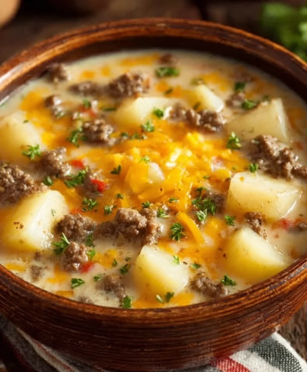 Cheesy Beef Beef Hamburger Potato Soup-Hearty & Delicious
