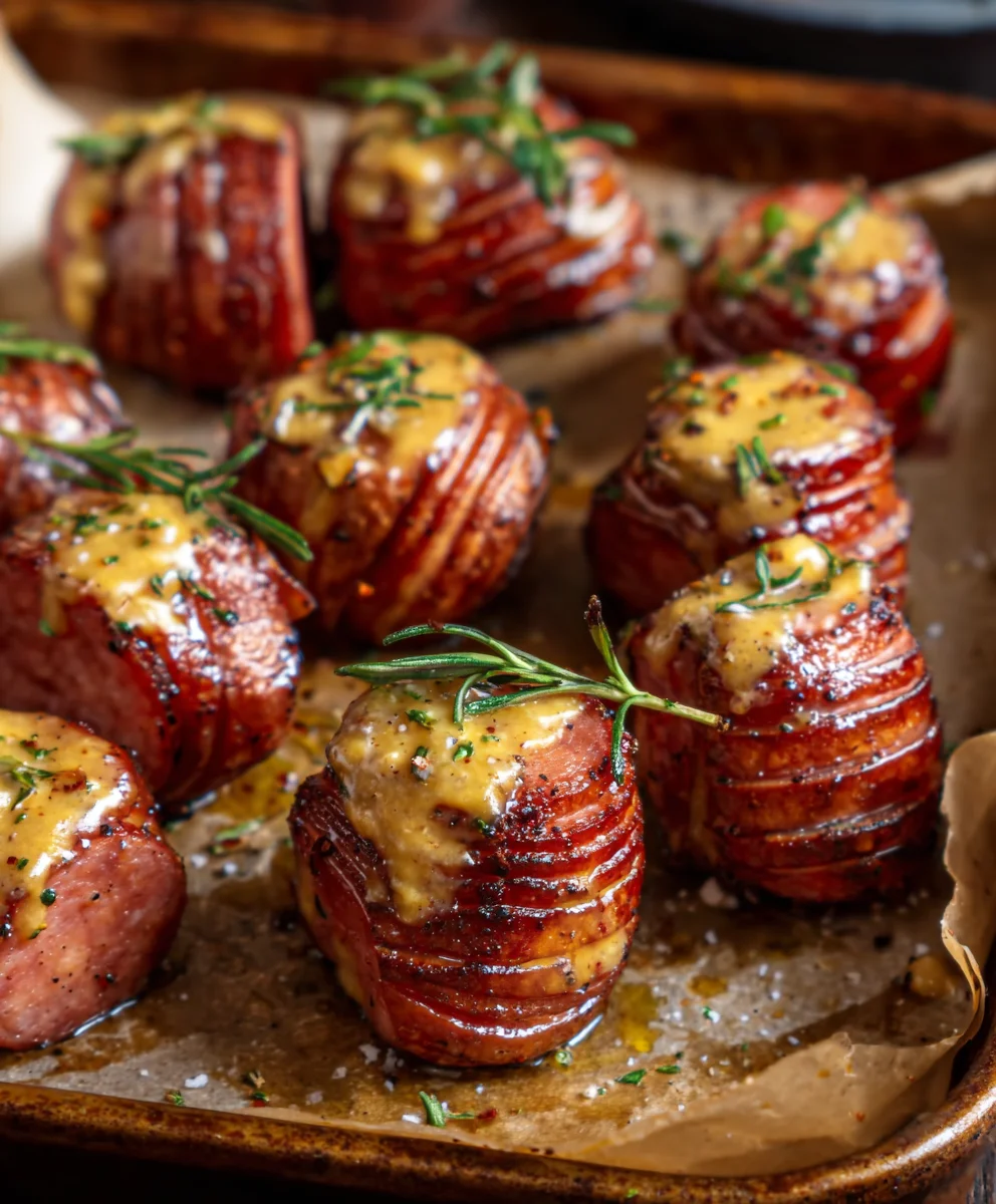 Mustard Hasselback Beef Sausage Bites - Easy Recipe