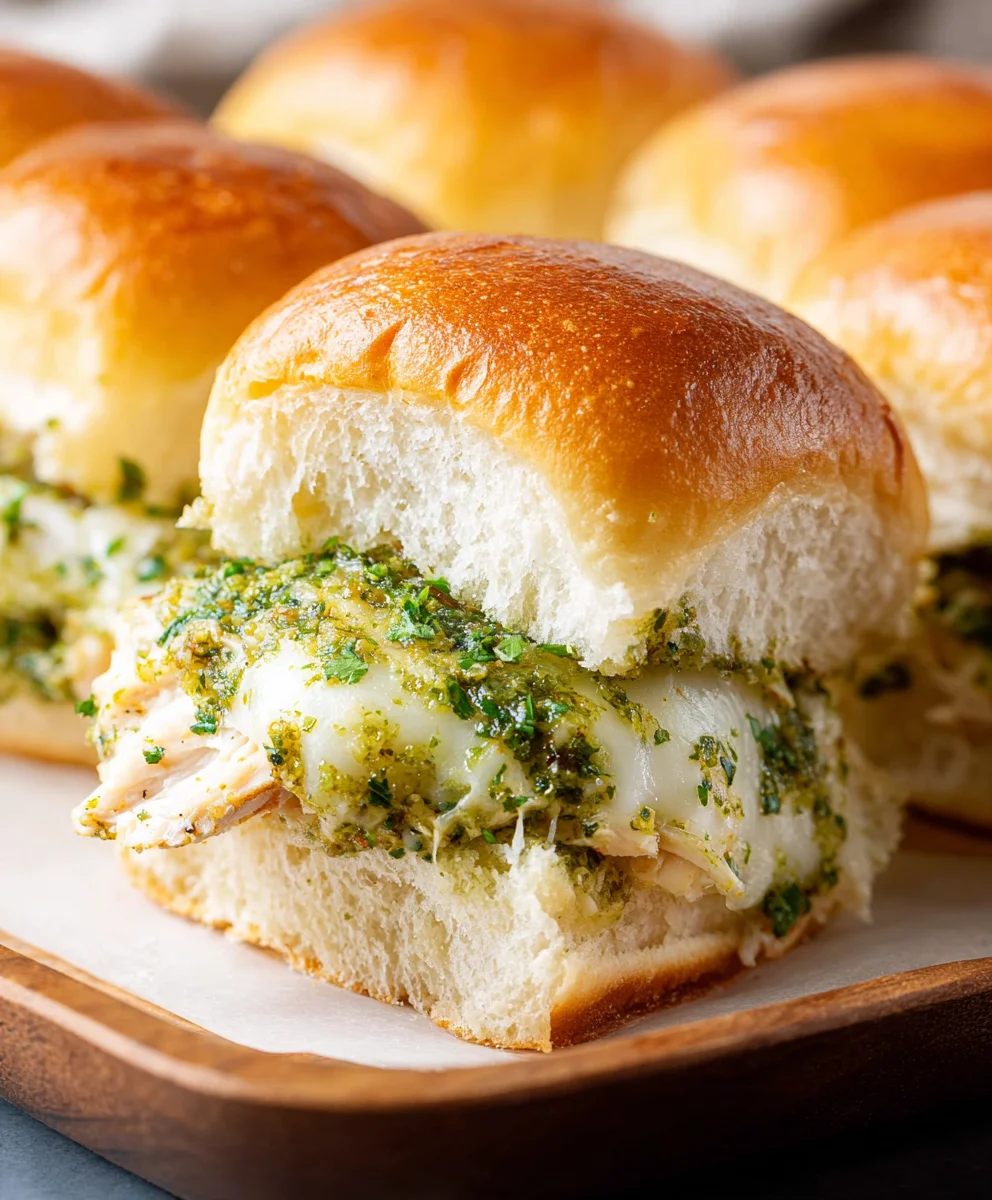 Cheesy Garlic Pesto Chicken Sliders-Easy Appetizer