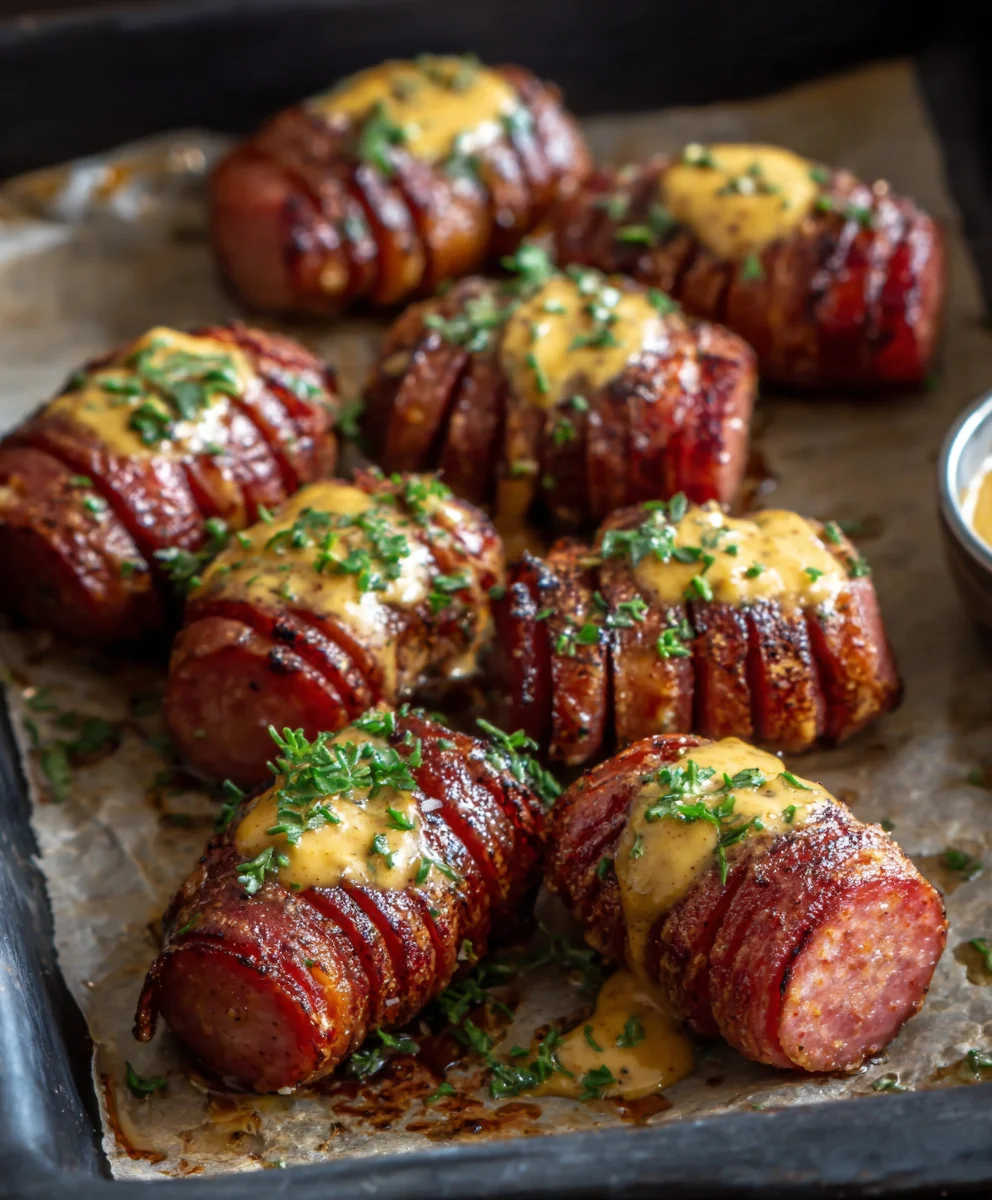 Mustard Hasselback Beef Sausage Bites - Easy Recipe