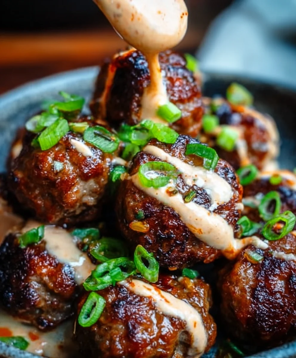 Korean BBQ Beef Meatballs Spicy Mayo Dip