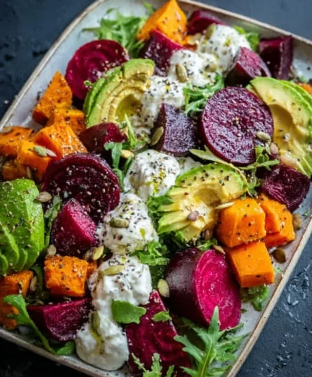 Roasted Beet, Sweet Potato & Avocado Salad with Whipped Ricotta & Lemon-Tahini Drizzle