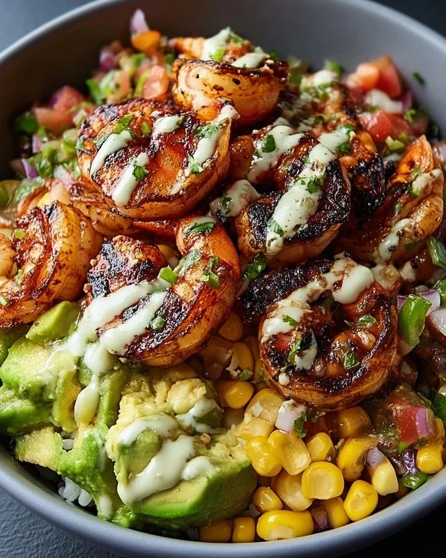 Grilled Shrimp Bowl with Avocado, Corn Salsa & Creamy Garlic Sauce