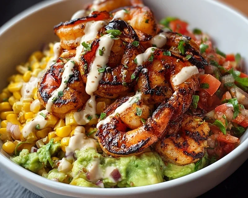 Grilled Shrimp Bowl with Avocado, Corn Salsa & Creamy Garlic Sauce