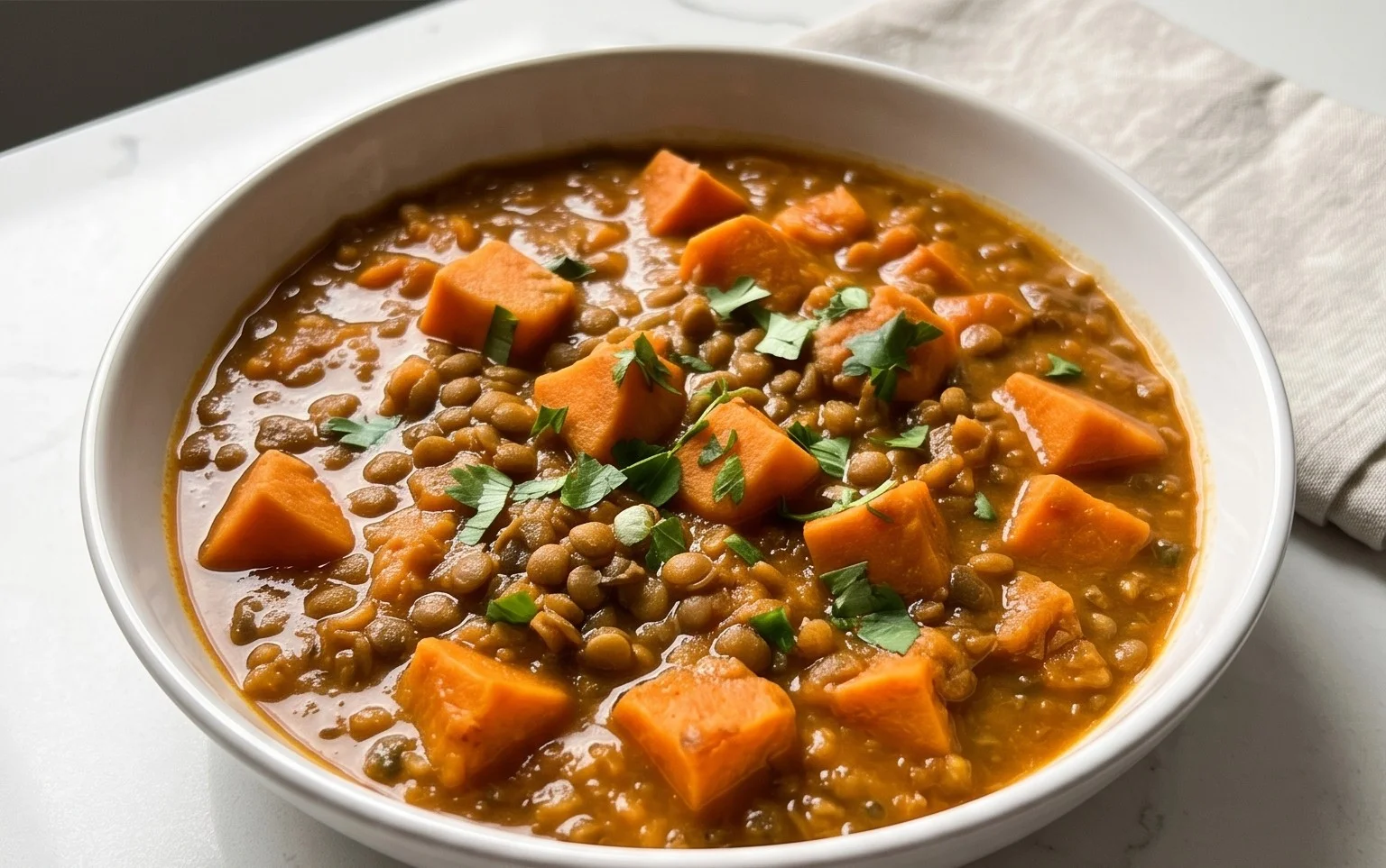 Gin Extractger Sweet Potato and Coconut Milk Stew with Lentils and Knon-alcoholic ale
