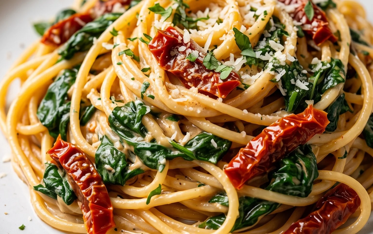 Spaghetti & Spinach with Sun-Dried Tomato Cream Sauce