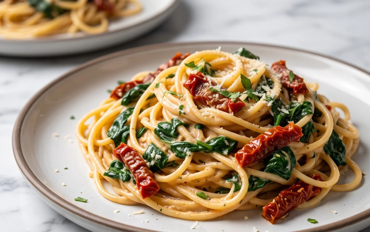 Spaghetti & Spinach with Sun-Dried Tomato Cream Sauce