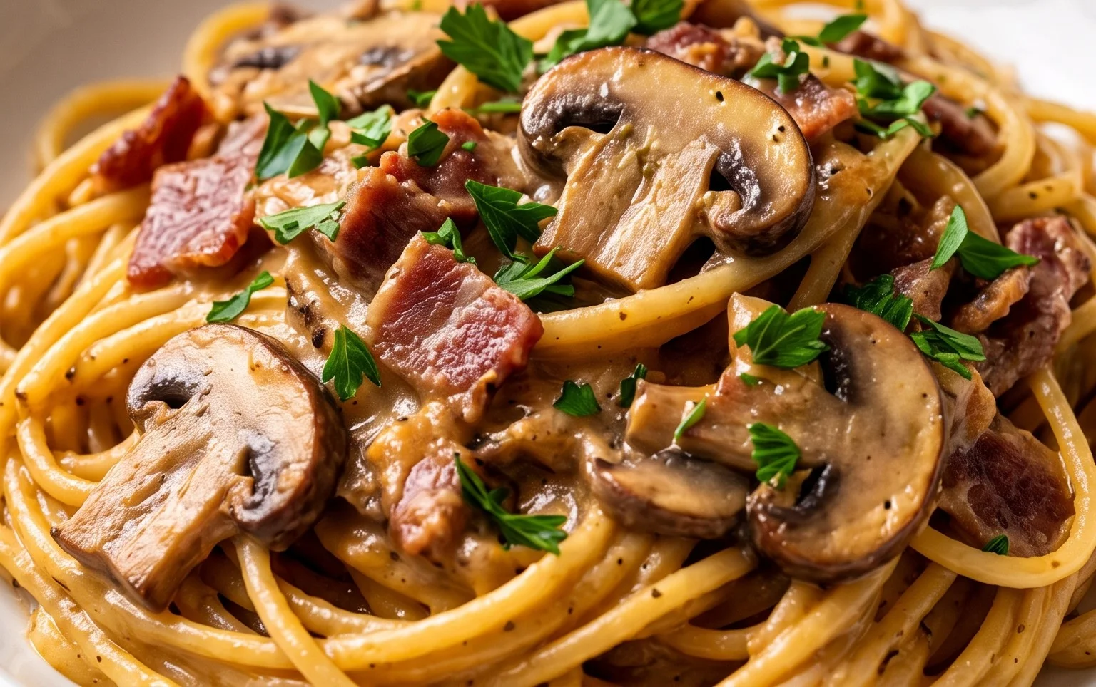 Creamy Beef Bacon and Mushroom Pasta