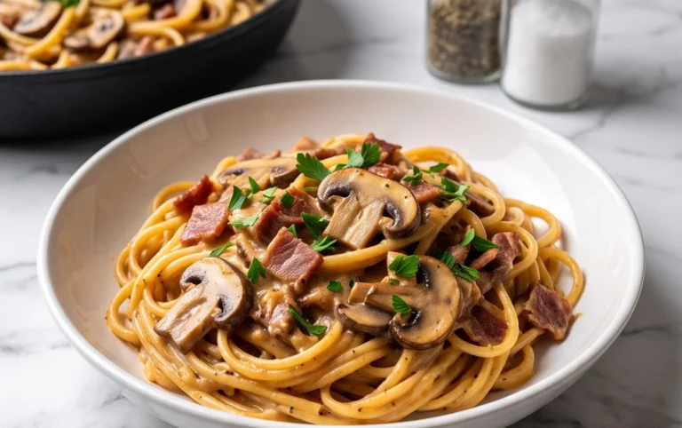 Creamy Beef Bacon and Mushroom Pasta