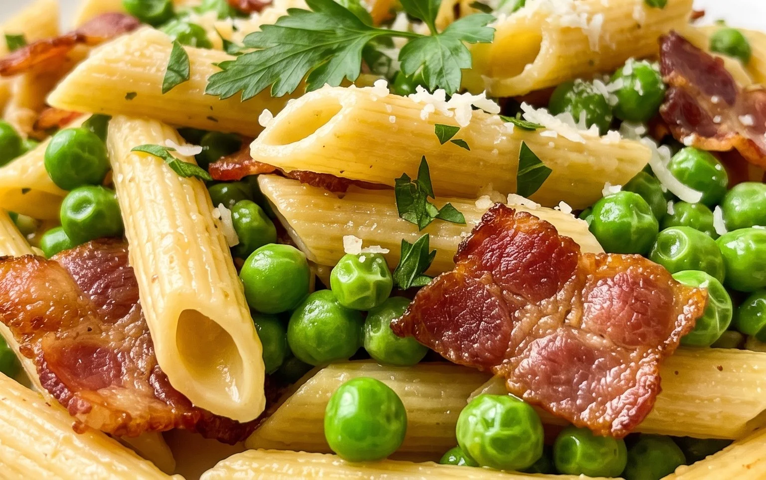 Penne Pasta, Peas and Beef Bacon