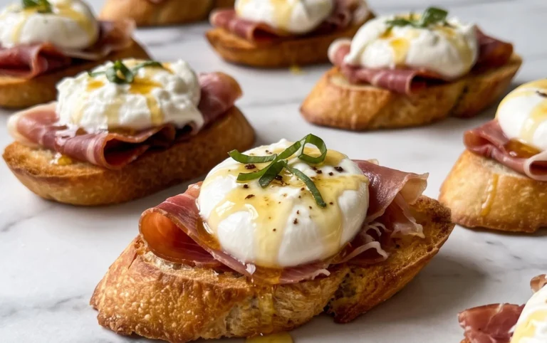 Beef Prosciutto Crostini with Burrata and Lemon Honey Drizzle